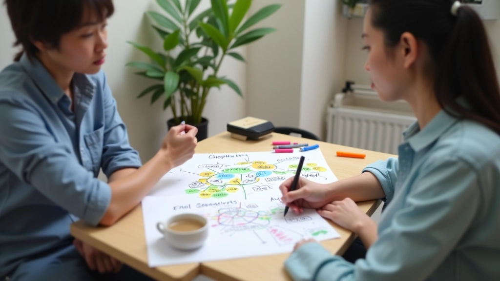 Person working on creative lateral thinking exercises with mind maps and associative diagrams on paper