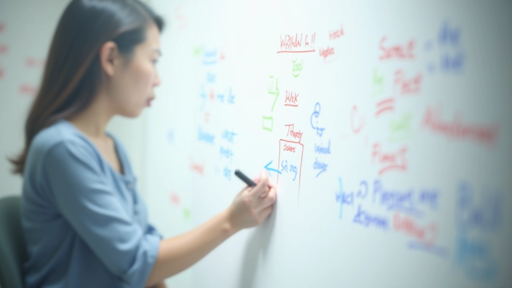 Whiteboard covered with mind maps and reverse process diagrams, markers and planning sketches visible